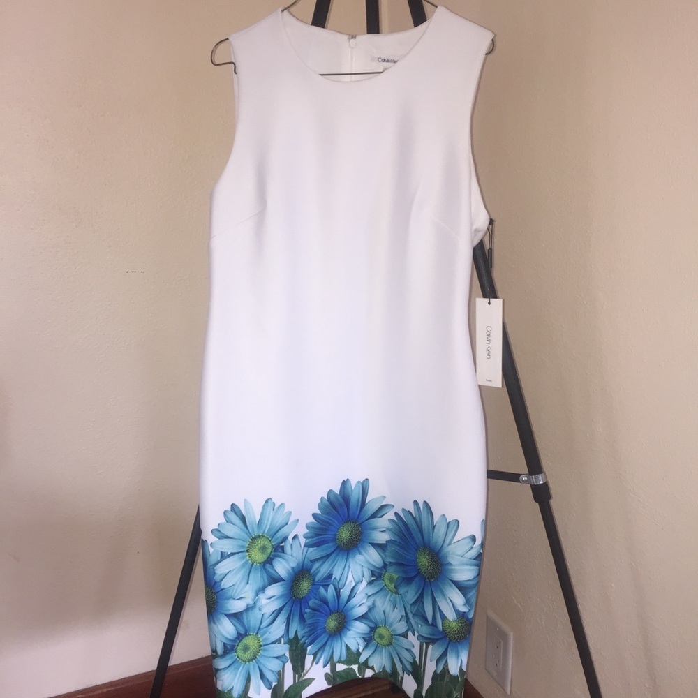 NWT CALVIN KLEIN DRESS SZ 12 White w/Blue Daisies
